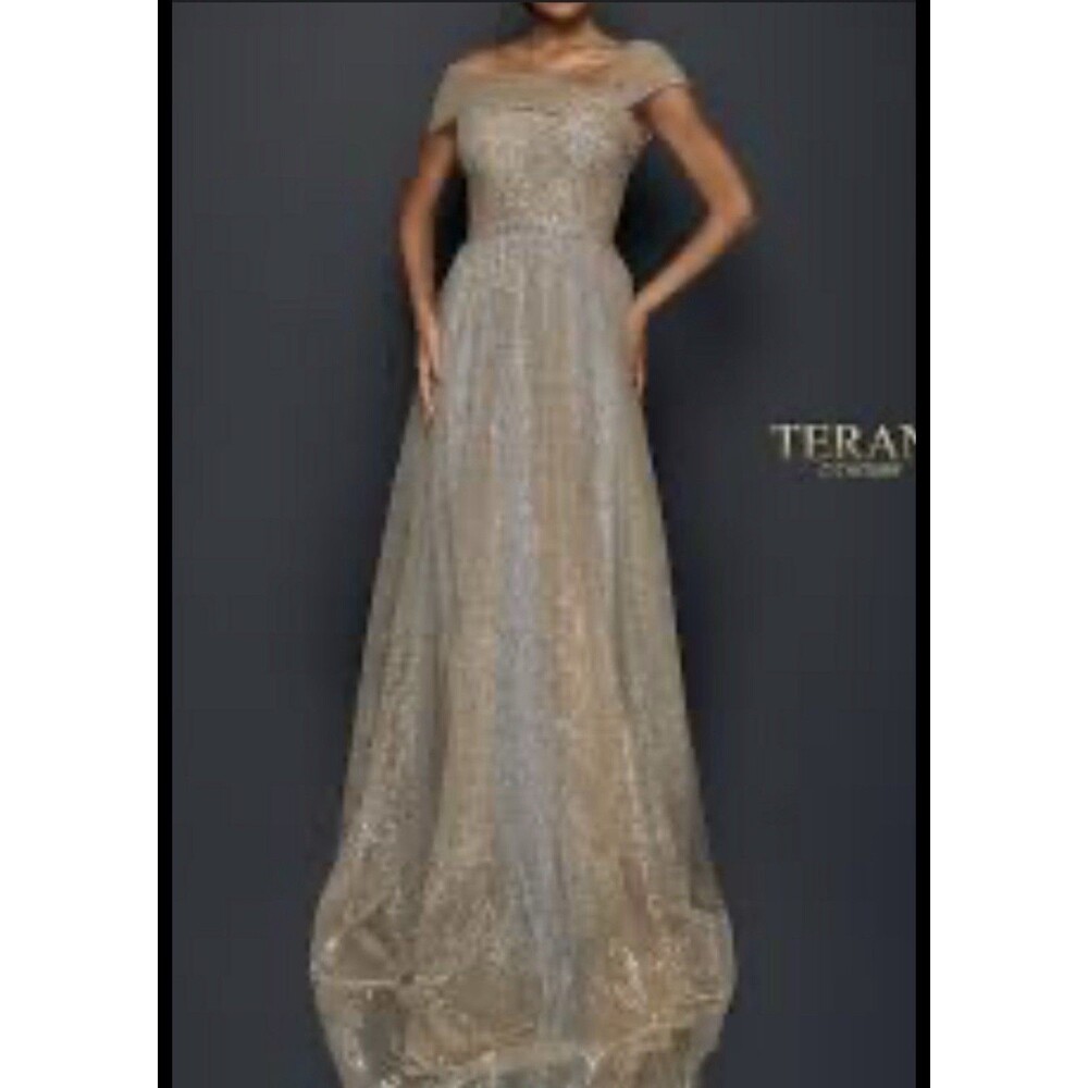 Terani Couture Sequin Tulle Maxi Gown Dress Size 10 Gold Gray off shoulder party